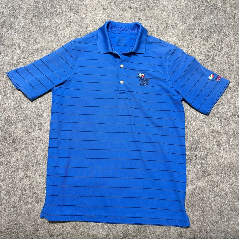 Greg Norman Mens Polo Shirt Size M Blue Striped Golf Valero Texas Open